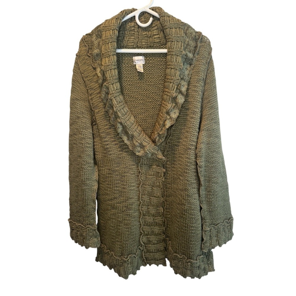Chico's Womens Green Cardigan Chunky Knit Lace Trim Shawl Collar 3/Large